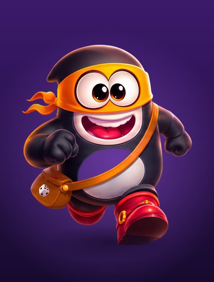 Dink: a masked penguin in a black hood with a trailing orange headband.