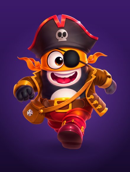 The Pirate character: a masked penguin in a skull-and-crossbones tricorn hat with an eye patch and a dice pouch.