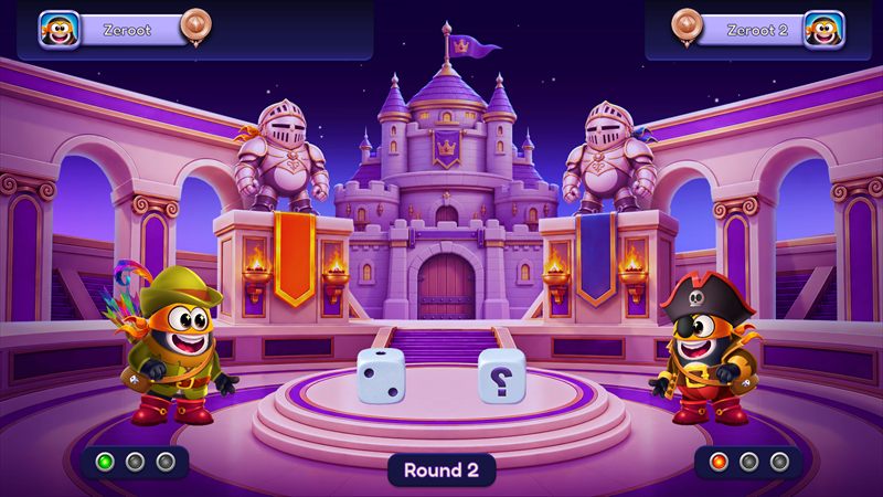 Round two of a match between Zeroot and Zeroot 2: dice tumble over the podium as the Explorer and Pirate characters face off in front of the castle.
