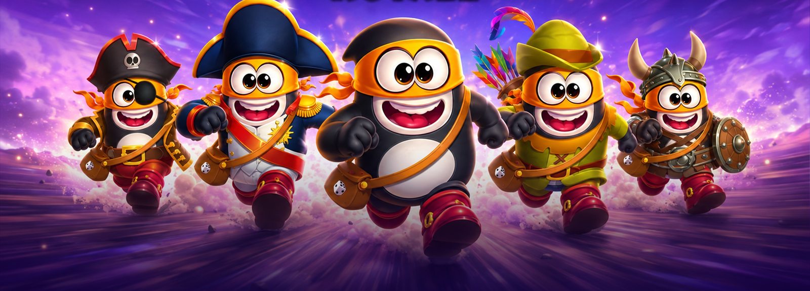 The five DiceZ Royale characters — Pirate, Napoleon, Dink, Explorer and Viking — charging forward together across a glowing purple battlefield.